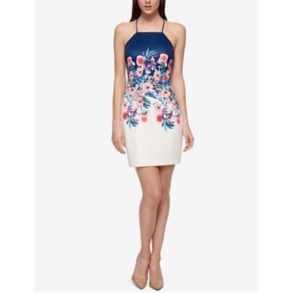 GUESS Floral-Print Open-Back Sheath Dress White Blue Size 14 - Picture 3 of 11